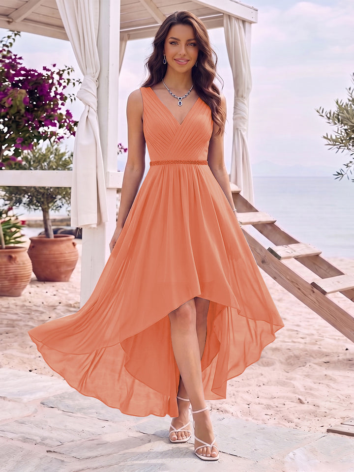 A-Line/Princess V-Neck Sleeveless Asymmetrical Bridesmaid Dresses With Pleats &amp; Rhinestone