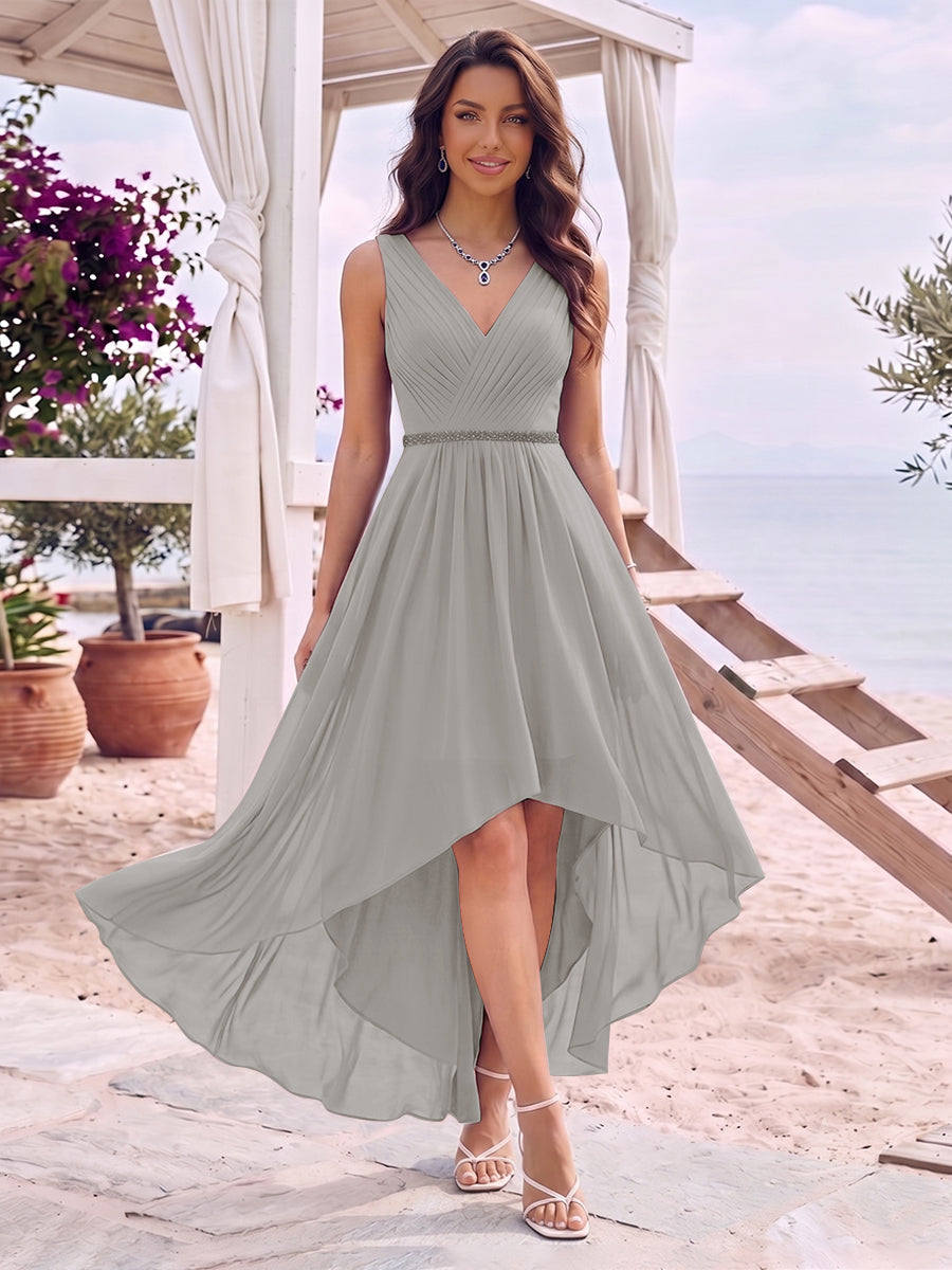 A-Line/Princess V-Neck Sleeveless Asymmetrical Bridesmaid Dresses With Pleats &amp; Rhinestone
