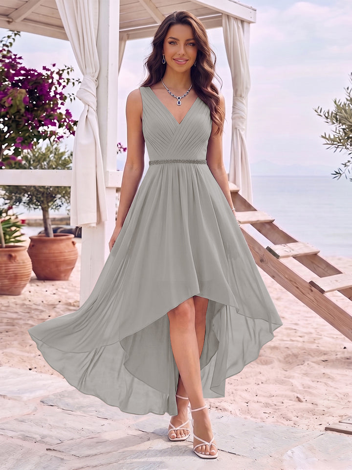 A-Line/Princess V-Neck Sleeveless Asymmetrical Bridesmaid Dresses With Pleats &amp; Rhinestone