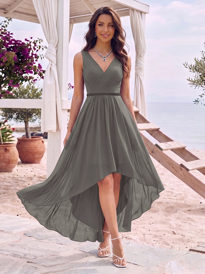 A-Line/Princess V-Neck Sleeveless Asymmetrical Bridesmaid Dresses With Pleats &amp; Rhinestone