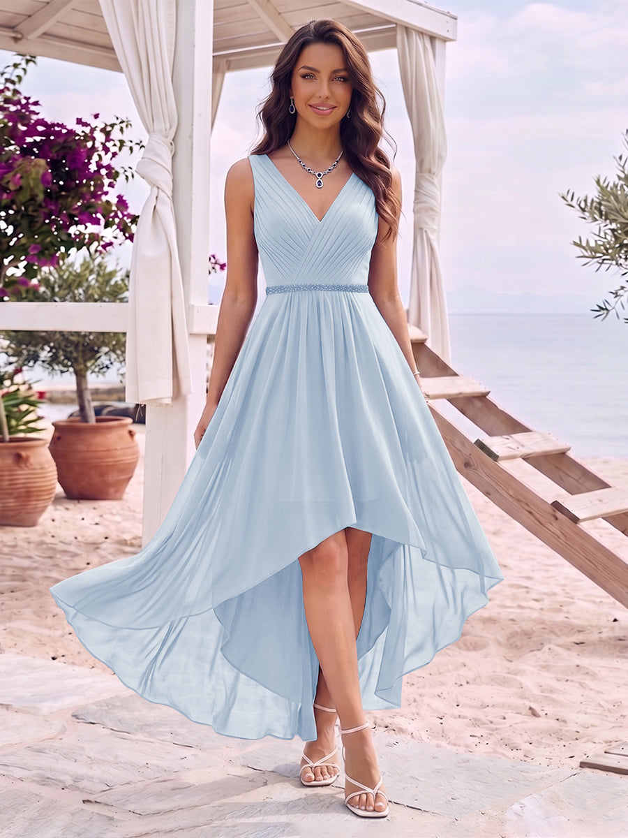 A-Line/Princess V-Neck Sleeveless Asymmetrical Bridesmaid Dresses With Pleats &amp; Rhinestone