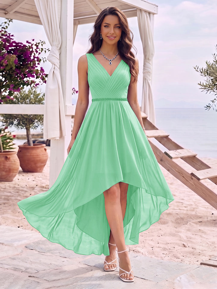 A-Line/Princess V-Neck Sleeveless Asymmetrical Bridesmaid Dresses With Pleats &amp; Rhinestone