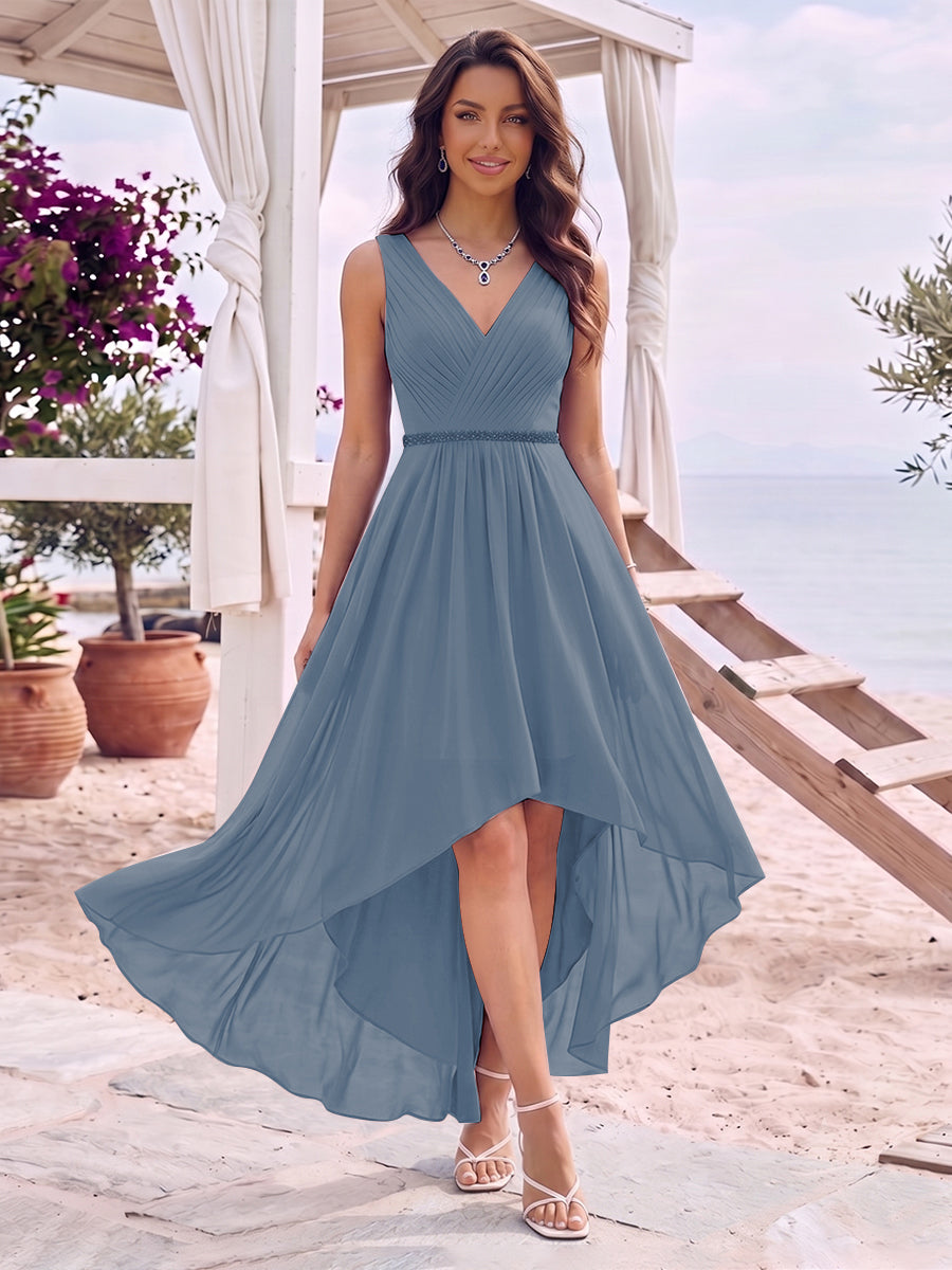 A-Line/Princess V-Neck Sleeveless Asymmetrical Bridesmaid Dresses With Pleats &amp; Rhinestone