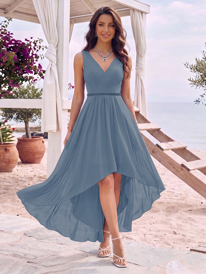 A-Line/Princess V-Neck Sleeveless Asymmetrical Bridesmaid Dresses With Pleats &amp; Rhinestone