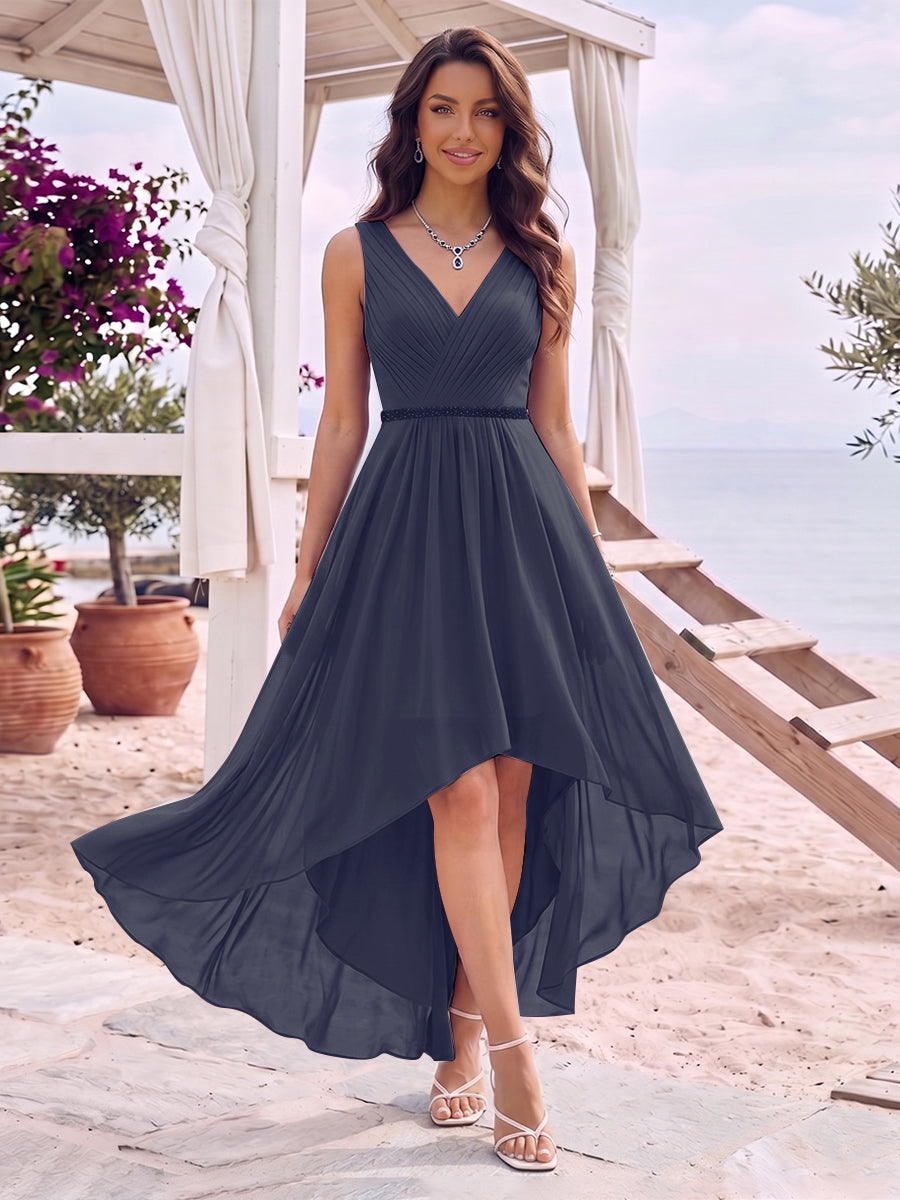 A-Line/Princess V-Neck Sleeveless Asymmetrical Bridesmaid Dresses With Pleats &amp; Rhinestone