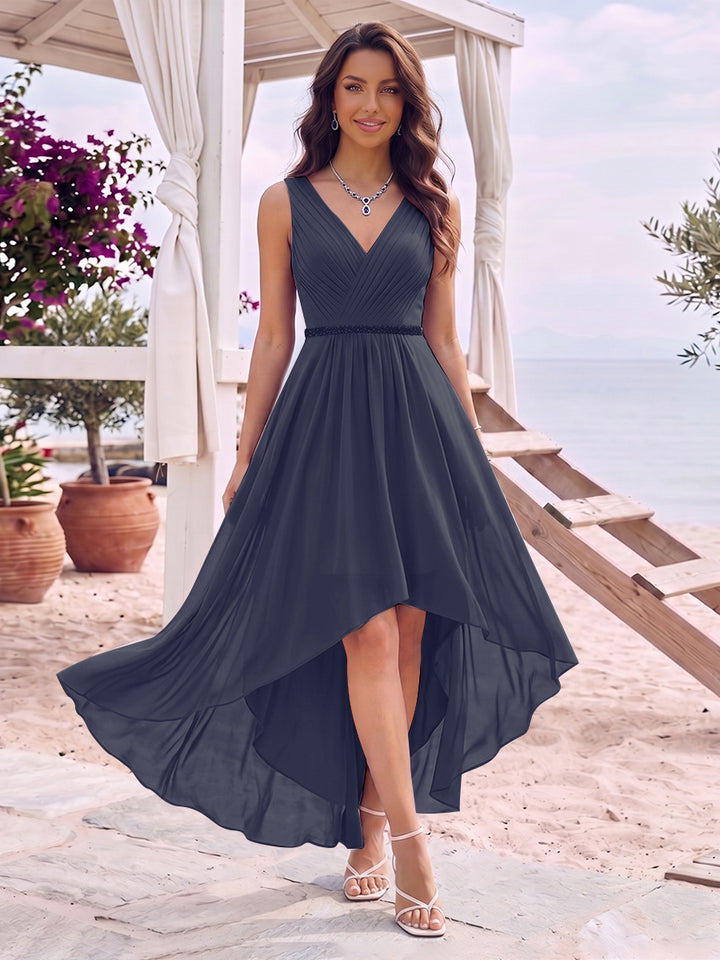 A-Line/Princess V-Neck Sleeveless Asymmetrical Bridesmaid Dresses With Pleats &amp; Rhinestone