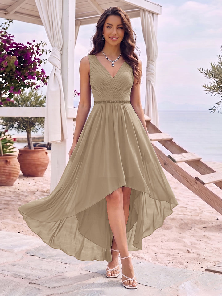A-Line/Princess V-Neck Sleeveless Asymmetrical Bridesmaid Dresses With Pleats &amp; Rhinestone