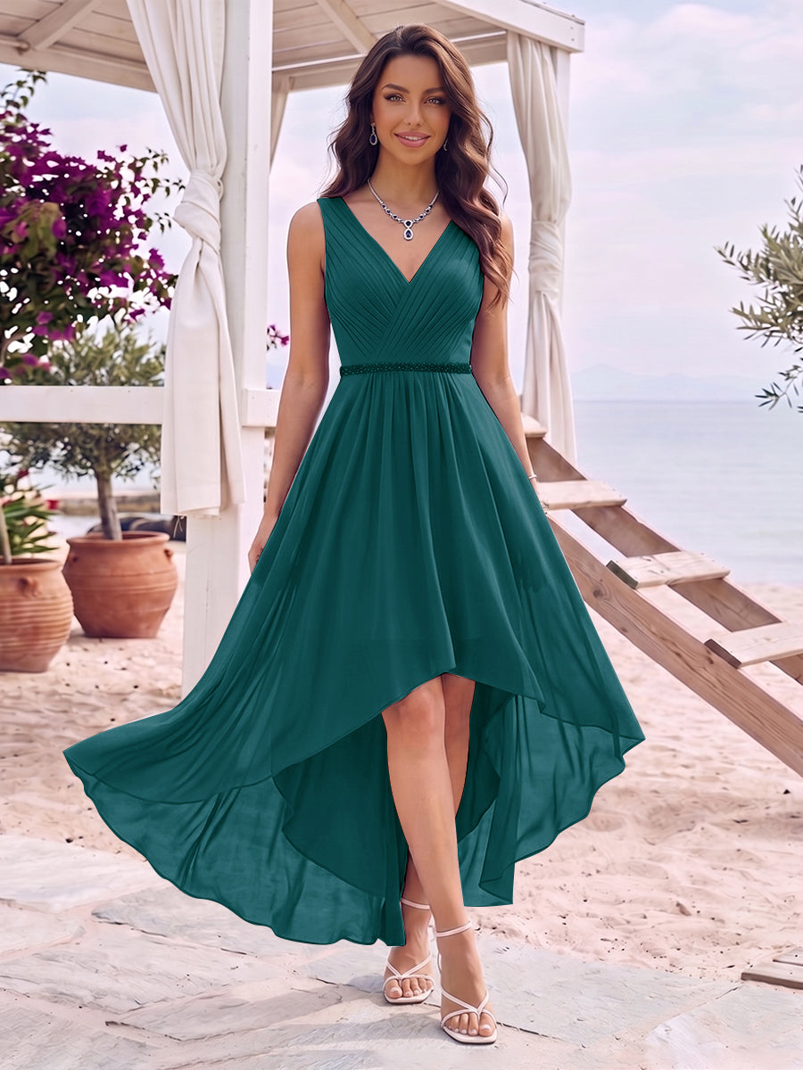 A-Line/Princess V-Neck Sleeveless Asymmetrical Bridesmaid Dresses With Pleats &amp; Rhinestone