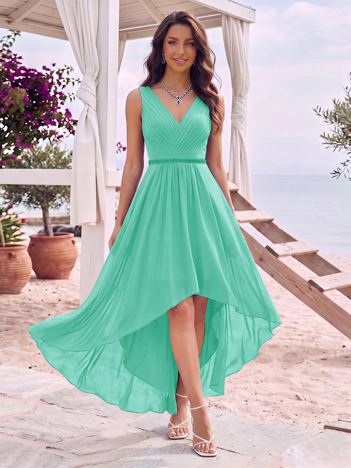 A-Line/Princess V-Neck Sleeveless Asymmetrical Bridesmaid Dresses With Pleats &amp; Rhinestone