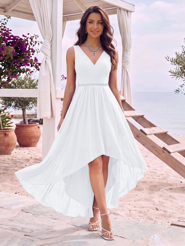 A-Line/Princess V-Neck Sleeveless Asymmetrical Bridesmaid Dresses With Pleats &amp; Rhinestone