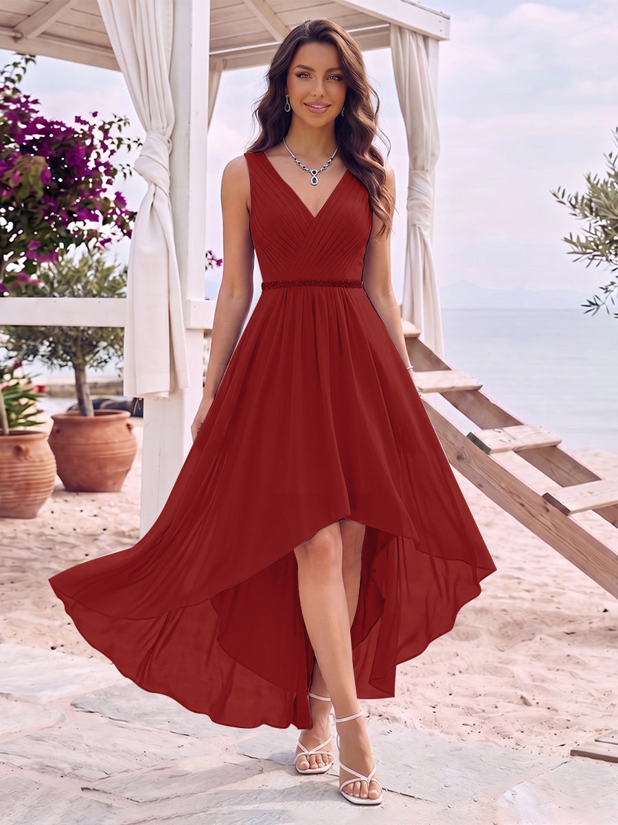 A-Line/Princess V-Neck Sleeveless Asymmetrical Bridesmaid Dresses With Pleats &amp; Rhinestone