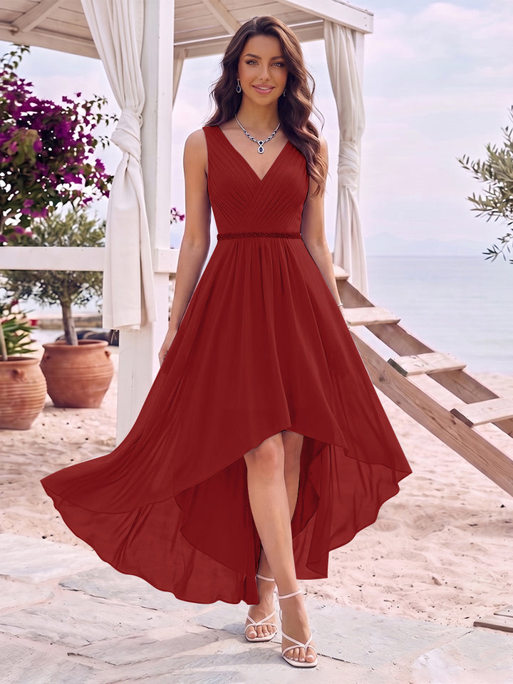 A-Line/Princess V-Neck Sleeveless Asymmetrical Bridesmaid Dresses With Pleats &amp; Rhinestone