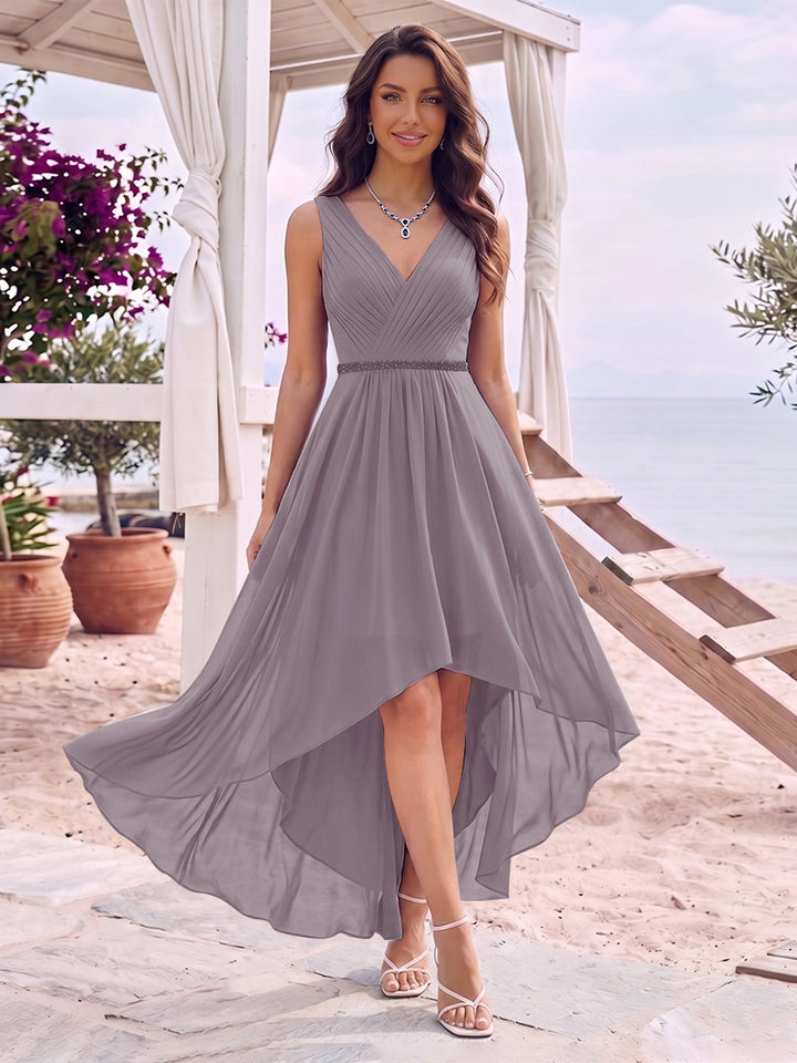A-Line/Princess V-Neck Sleeveless Asymmetrical Bridesmaid Dresses With Pleats &amp; Rhinestone