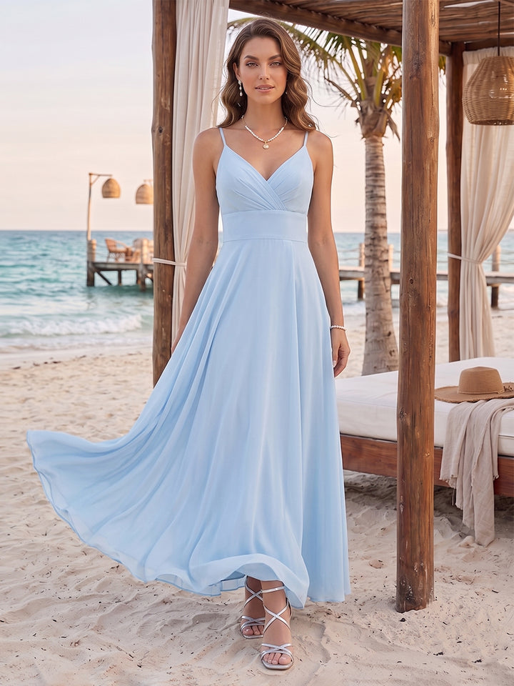 A-Line/Princess Spaghetti Straps Sleeveless Floor-Length Bridesmaid Dresses With Pleats