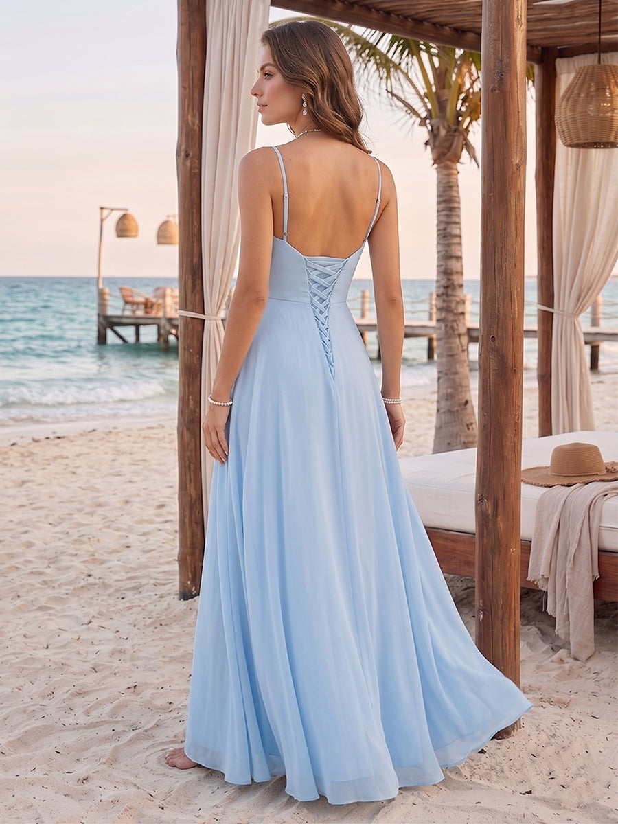 A-Line/Princess Spaghetti Straps Sleeveless Floor-Length Bridesmaid Dresses With Pleats