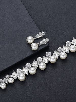 Women's Rhinestone Earrings Necklace Jewelry Set with Pearls