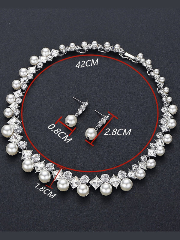 Women's Rhinestone Earrings Necklace Jewelry Set with Pearls