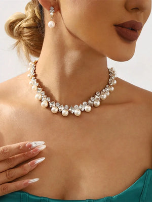 Women's Rhinestone Earrings Necklace Jewelry Set with Pearls