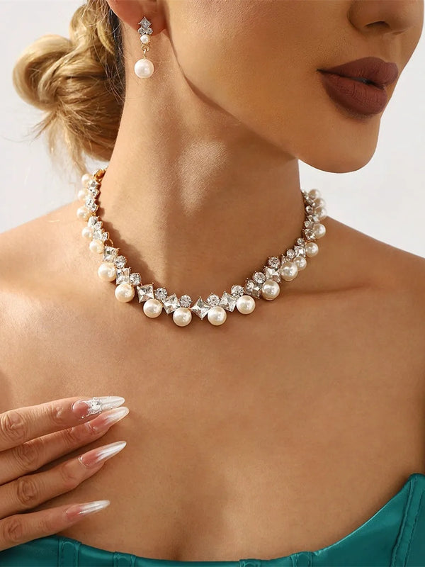 Women's Rhinestone Earrings Necklace Jewelry Set with Pearls