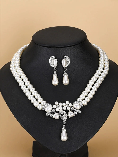 Elegant Women's White Pearl Earrings Necklace Set