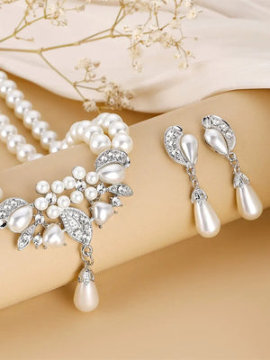 Elegant Women's White Pearl Earrings Necklace Set