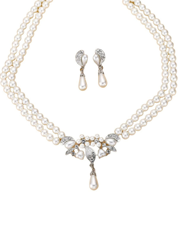 Elegant Women's White Pearl Earrings Necklace Set