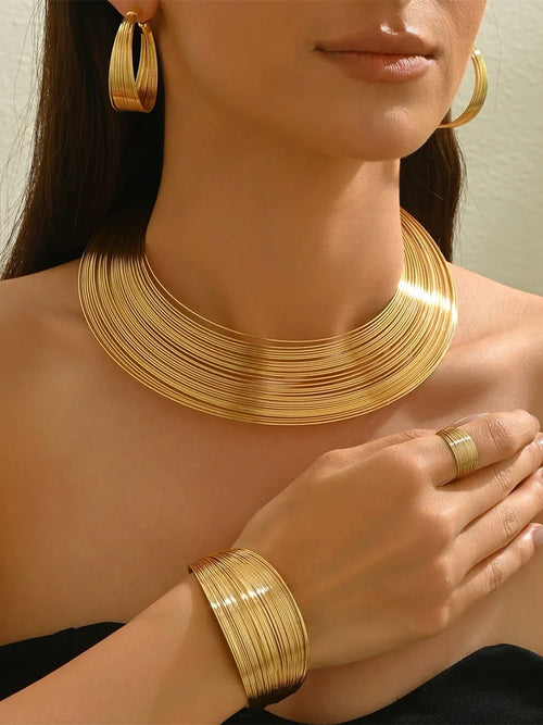 Gold Sparkling Geometric Line Minimalist Necklace Earrings Jewelry Set