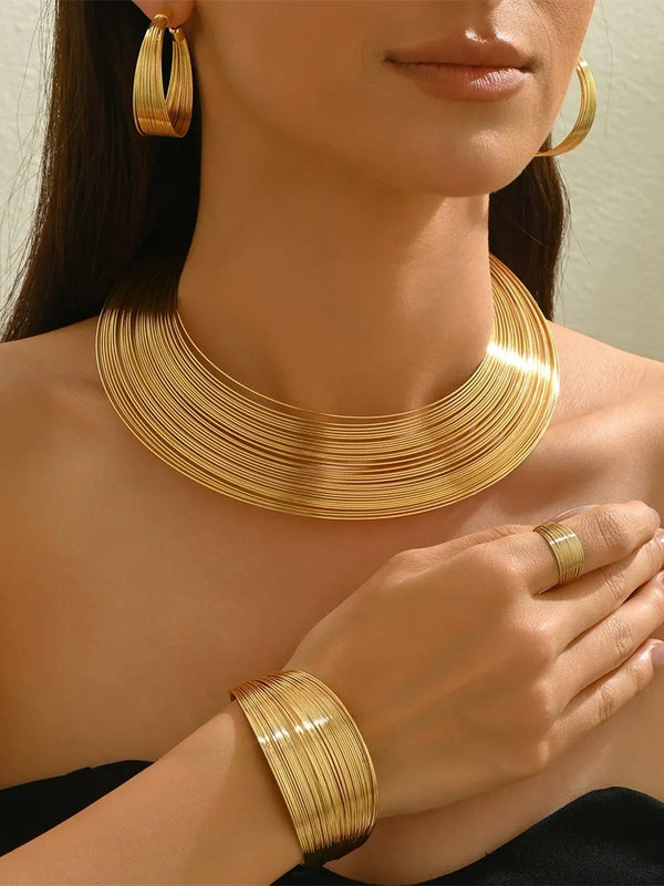 Gold Sparkling Geometric Line Minimalist Necklace Earrings Jewelry Set