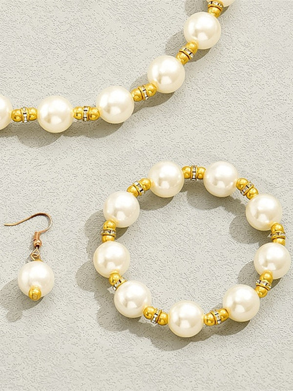 Women's High-End Necklace Earrings Bracelet Jewelry Set with Pearls