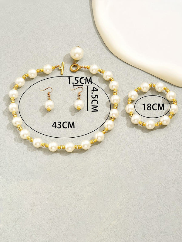 Women's High-End Necklace Earrings Bracelet Jewelry Set with Pearls