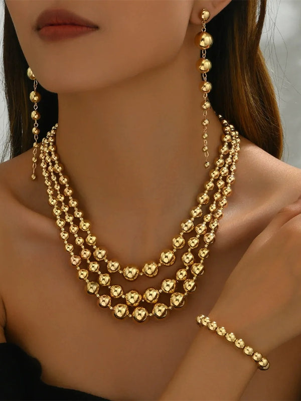 Women's Retro Tiered Beaded Necklace Earrings Bracelet Jewelry Set
