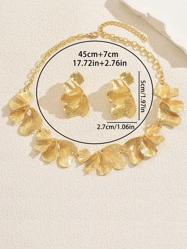 Women's Ginkgo Leaf Necklace Earrings Jewelry Set with Ruffles