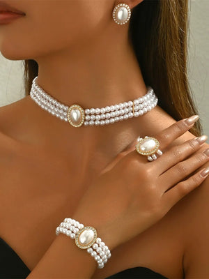 White Women's Alloy Jewelry Set with Pearls & Crystals