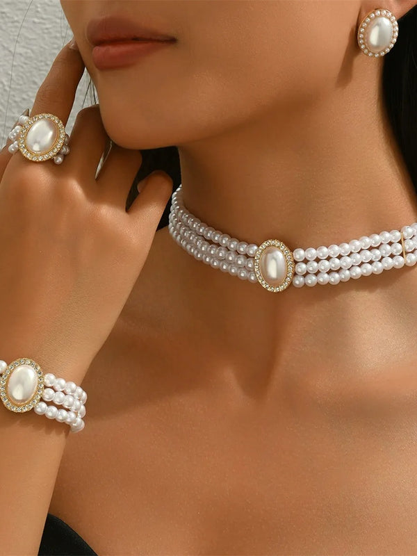 White Women's Alloy Jewelry Set with Pearls & Crystals