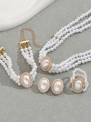 White Women's Alloy Jewelry Set with Pearls & Crystals