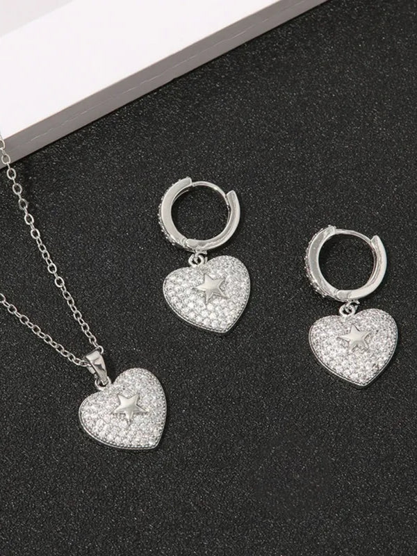 Vintage Heart-Shape Micro-Pave Zirconia Earrings and Pendant Necklace Set