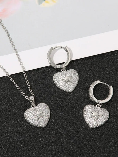 Vintage Heart-Shape Micro-Pave Zirconia Earrings and Pendant Necklace Set