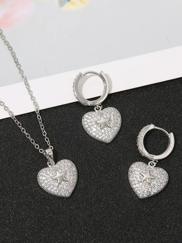 Vintage Heart-Shape Micro-Pave Zirconia Earrings and Pendant Necklace Set