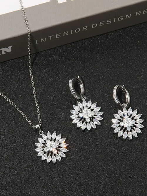 Versatile Zirconia Sunflower Earrings and Pendant Set