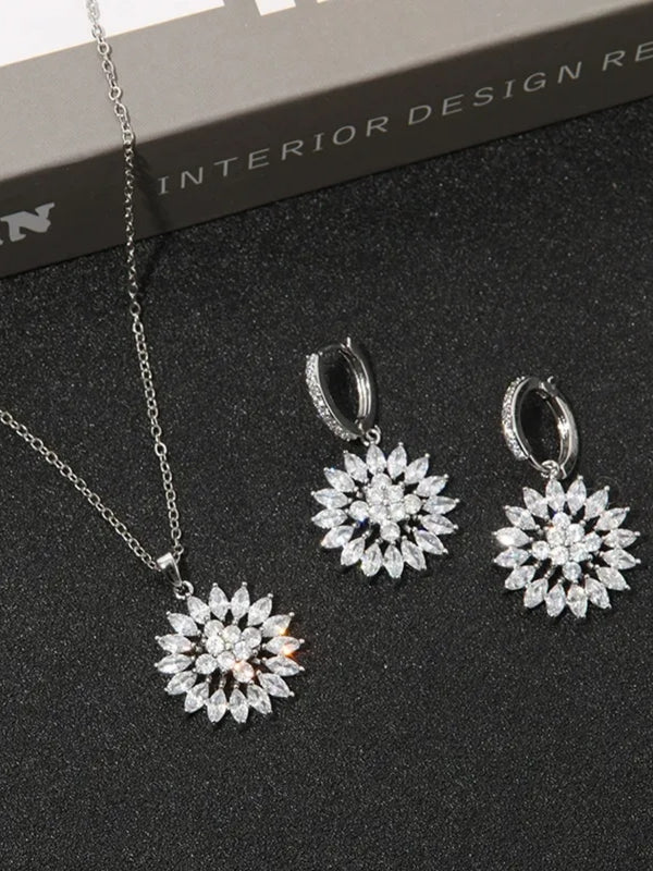 Versatile Zirconia Sunflower Earrings and Pendant Set