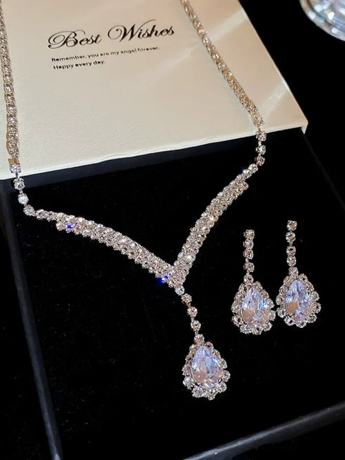 Crystal-Accented Waterdrop V-Shape Pendant Necklace & Stud Earrings 2-Piece Set