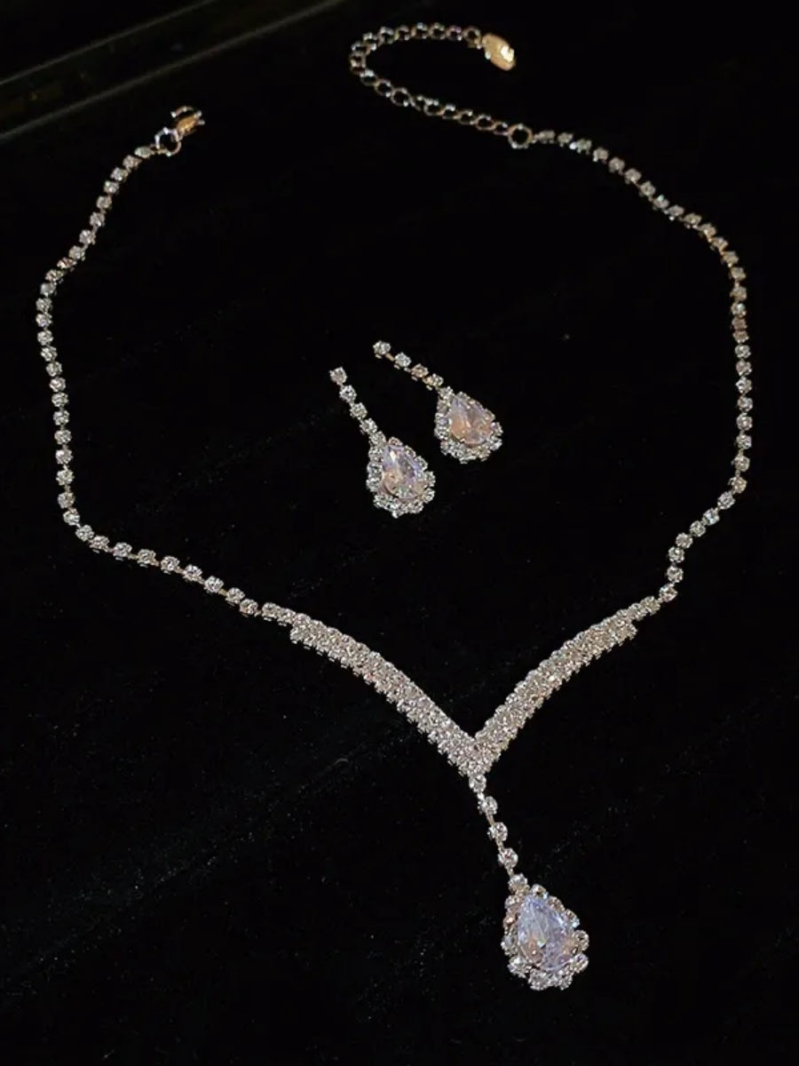 Crystal-Accented Waterdrop V-Shape Pendant Necklace & Stud Earrings 2-Piece Set