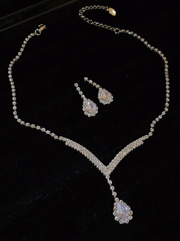 Crystal-Accented Waterdrop V-Shape Pendant Necklace & Stud Earrings 2-Piece Set