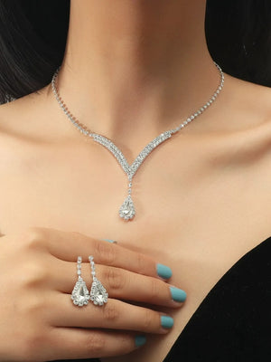 Crystal-Accented Waterdrop V-Shape Pendant Necklace & Stud Earrings 2-Piece Set
