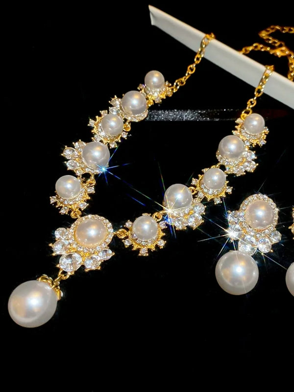 Round Pearl Pendant Necklace and Earrings Set with Crystal Accents for Women