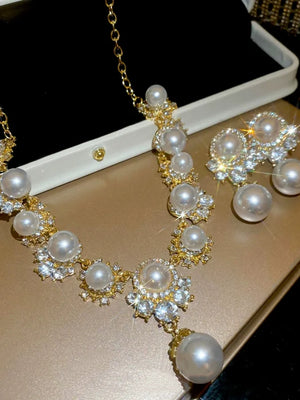 Round Pearl Pendant Necklace and Earrings Set with Crystal Accents for Women