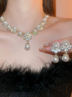 Round Pearl Pendant Necklace and Earrings Set with Crystal Accents for Women