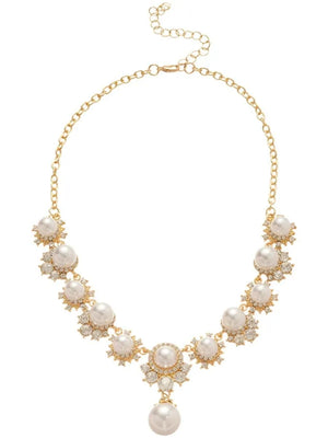 Round Pearl Pendant Necklace and Earrings Set with Crystal Accents for Women