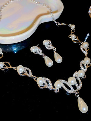 Teardrop Pendant Necklace and Pearl Stud Earrings Set for Women