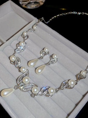 Teardrop Pendant Necklace and Pearl Stud Earrings Set for Women